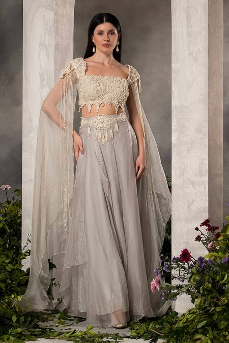 Buy_Divisha Sharma_Ivory Silk Organza, Tulle Pearls, Cut Work, Floral Blouse And Skirt Set _Online_at_Aza_Fashions