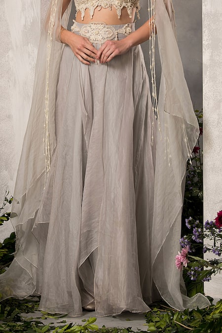 Shop_Divisha Sharma_Ivory Silk Organza, Tulle Pearls, Cut Work, Floral Blouse And Skirt Set _Online_at_Aza_Fashions