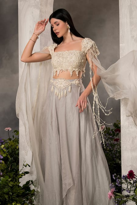 Divisha Sharma_Ivory Silk Organza, Tulle Pearls, Cut Work, Floral Blouse And Skirt Set _at_Aza_Fashions