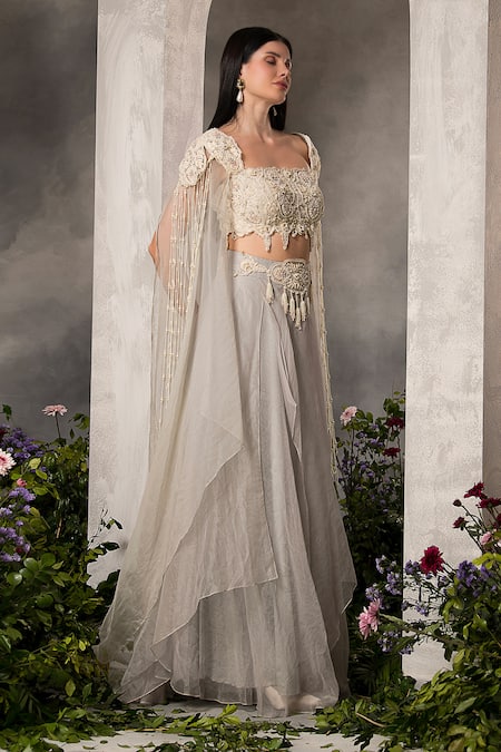 Buy_Divisha Sharma_Ivory Silk Organza, Tulle Pearls, Cut Work, Floral Blouse And Skirt Set 