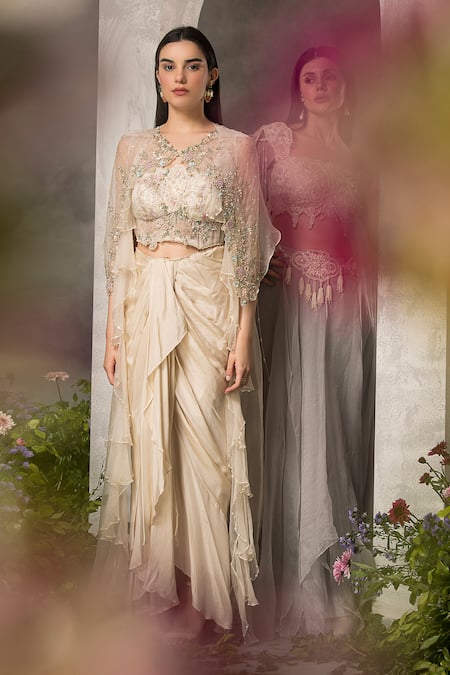Shop_Divisha Sharma_Ivory Silk Organza, Tulle Pearls, Cut Work, Floral Blouse And Skirt Set 
