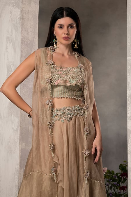 Divisha Sharma_Gold Silk Organza Embroidery, Beads Sweetheart Floral Border Jacket Skirt Set _Online_at_Aza_Fashions