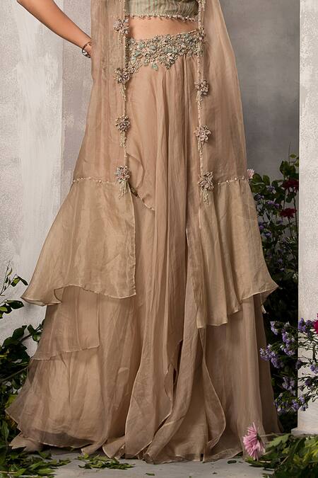 Buy_Divisha Sharma_Gold Silk Organza Embroidery, Beads Sweetheart Floral Border Jacket Skirt Set _Online_at_Aza_Fashions