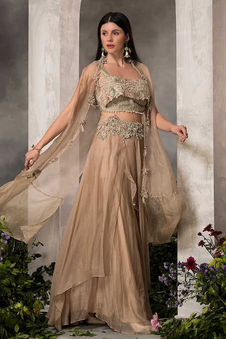 Shop_Divisha Sharma_Gold Silk Organza Embroidery, Beads Sweetheart Floral Border Jacket Skirt Set _Online_at_Aza_Fashions