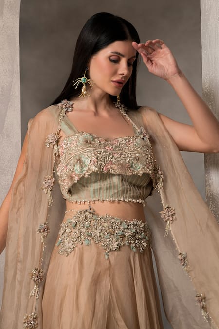 Divisha Sharma_Gold Silk Organza Embroidery, Beads Sweetheart Floral Border Jacket Skirt Set _at_Aza_Fashions
