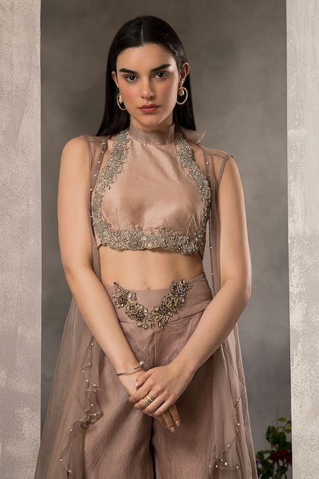 Divisha Sharma_Brown Organza, Sequins, Beads Placket Embroidered Sharara Set _Online_at_Aza_Fashions