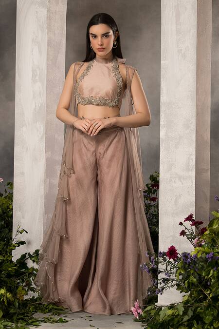 Shop_Divisha Sharma_Brown Organza, Sequins, Beads Placket Embroidered Sharara Set _Online_at_Aza_Fashions