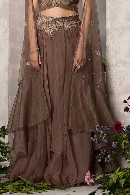 Divisha Sharma_Brown Organza, Silk Organza, Tulle Feathers, Embellished Blouse And Skirt Set _Online_at_Aza_Fashions