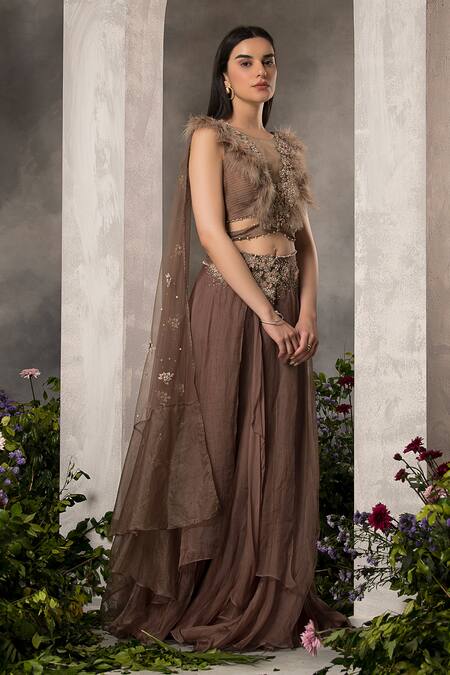 Buy_Divisha Sharma_Brown Organza, Silk Organza, Tulle Feathers, Embellished Blouse And Skirt Set _Online_at_Aza_Fashions