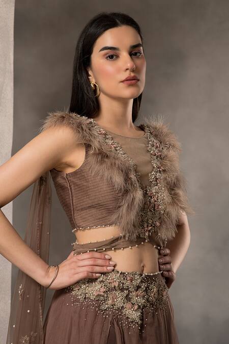 Shop_Divisha Sharma_Brown Organza, Silk Organza, Tulle Feathers, Embellished Blouse And Skirt Set _Online_at_Aza_Fashions