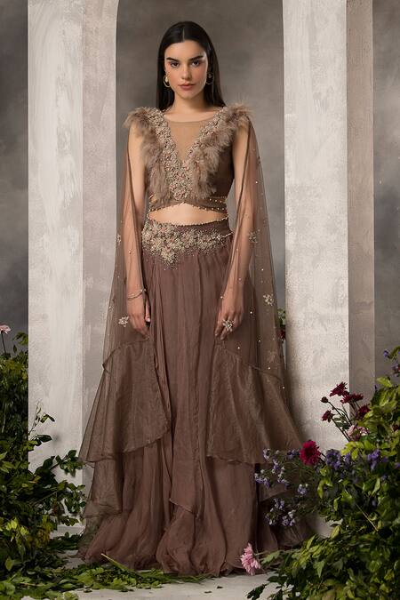 Divisha Sharma Feather Embellished Blouse & Skirt Set 