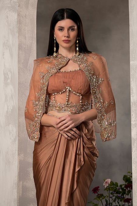 Shop_Divisha Sharma_Brown Satin, Silk Organza, Tulle Beads, Sequins, Cut Floral Jacket Dhoti Set _Online_at_Aza_Fashions