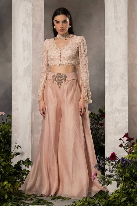 Buy_Divisha Sharma_Pink Silk Organza, Tulle Beads, Sequins, Checkered Blouse Sharara Set _Online_at_Aza_Fashions