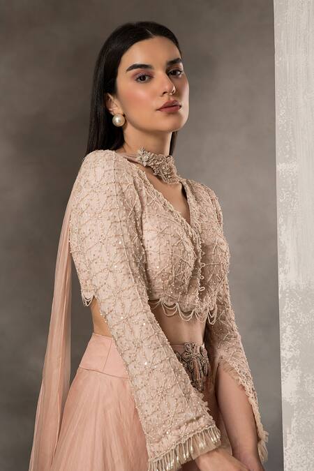 Shop_Divisha Sharma_Pink Silk Organza, Tulle Beads, Sequins, Checkered Blouse Sharara Set _Online_at_Aza_Fashions