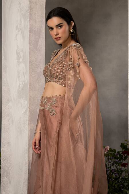 Buy_Divisha Sharma_Pink Silk Organza, Tulle Beads, Zari, Stripe Cape Blouse And Sharara Set _Online_at_Aza_Fashions