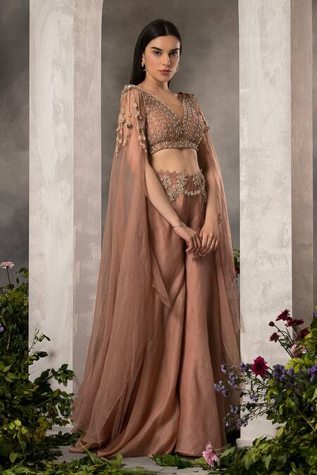 Shop_Divisha Sharma_Pink Silk Organza, Tulle Beads, Zari, Stripe Cape Blouse And Sharara Set _Online_at_Aza_Fashions