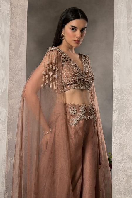 Divisha Sharma_Pink Silk Organza, Tulle Beads, Zari, Stripe Cape Blouse And Sharara Set _at_Aza_Fashions