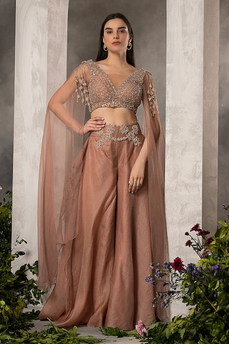 Divisha Sharma Pink Silk Organza Embroidery Zardozi Blunt V Stripe Cape Blouse And Sharara Set 