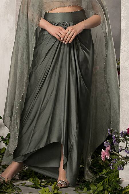 Buy_Divisha Sharma_Grey Satin, Silk Organza Celeste Bloom Cape And Draped Dhoti Skirt Set _Online_at_Aza_Fashions