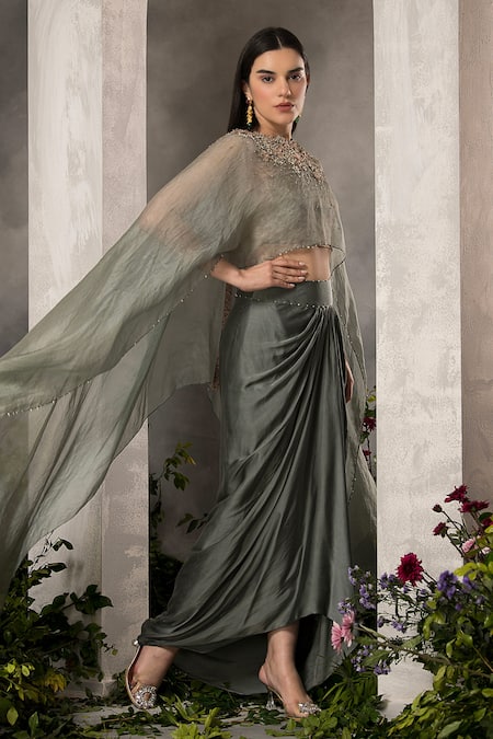 Shop_Divisha Sharma_Grey Satin, Silk Organza Celeste Bloom Cape And Draped Dhoti Skirt Set _Online_at_Aza_Fashions