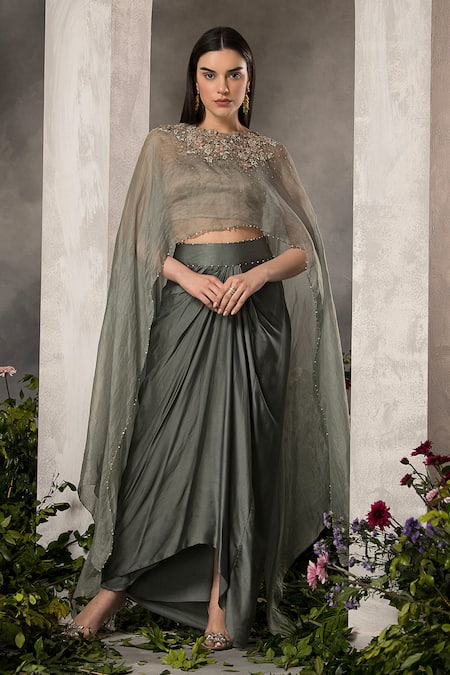 Divisha Sharma Celeste Bloom Embroidered Cape & Draped Dhoti Skirt Set 