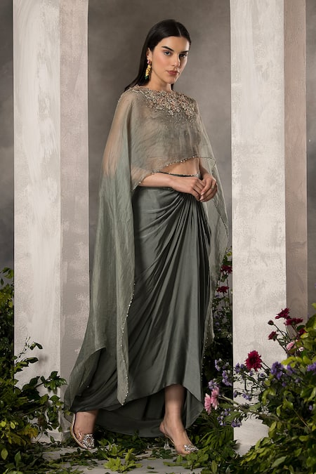 Divisha Sharma Celeste Bloom Embroidered Cape & Draped Dhoti Skirt Set 