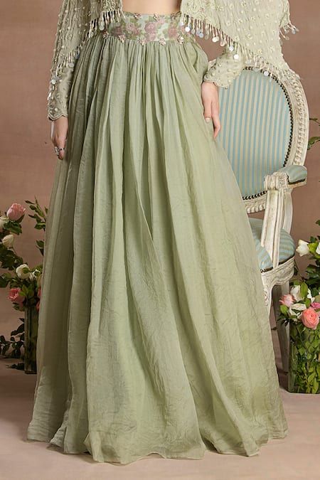 Divisha Sharma_Green Georgette, Silk Organza, Tulle Pearls, Ditsy Bloom Cape And Lehenga Set _Online_at_Aza_Fashions