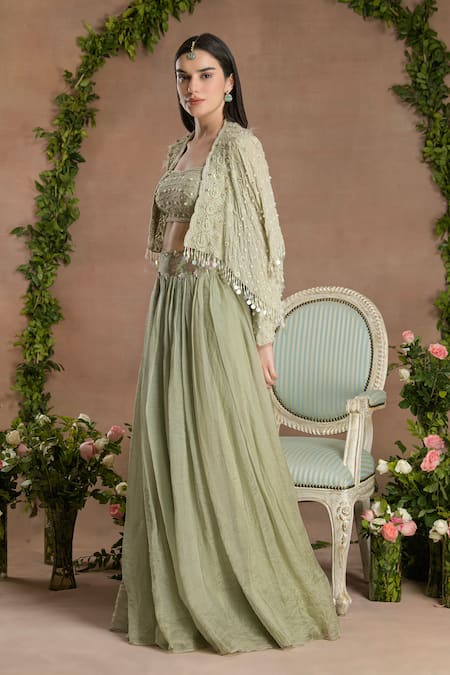 Buy_Divisha Sharma_Green Georgette, Silk Organza, Tulle Pearls, Ditsy Bloom Cape And Lehenga Set _Online_at_Aza_Fashions