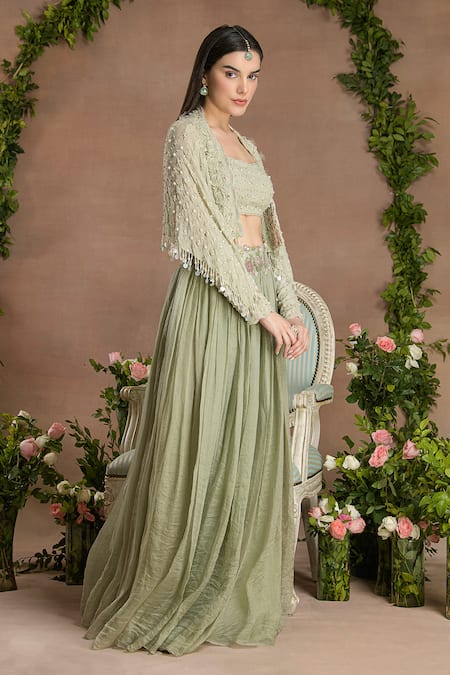 Shop_Divisha Sharma_Green Georgette, Silk Organza, Tulle Pearls, Ditsy Bloom Cape And Lehenga Set _Online_at_Aza_Fashions