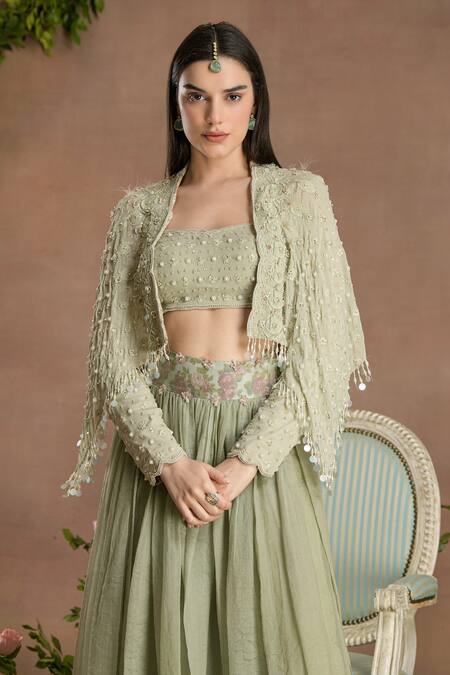 Divisha Sharma_Green Georgette, Silk Organza, Tulle Pearls, Ditsy Bloom Cape And Lehenga Set _at_Aza_Fashions