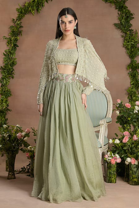 Divisha Sharma Green Silk Organza Embroidery Pearl Square Neck Ditsy Bloom Cape And Lehenga Set 