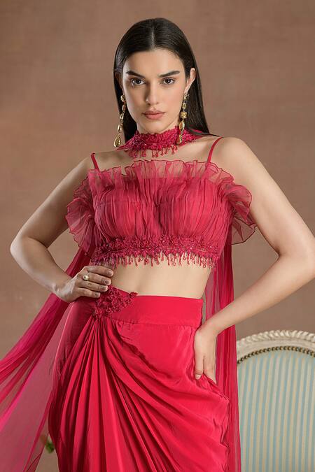 Buy_Divisha Sharma_Pink Bloom Lace Embellished Frilly Gathered Blouse And Draped Dhoti Skirt Set _Online_at_Aza_Fashions