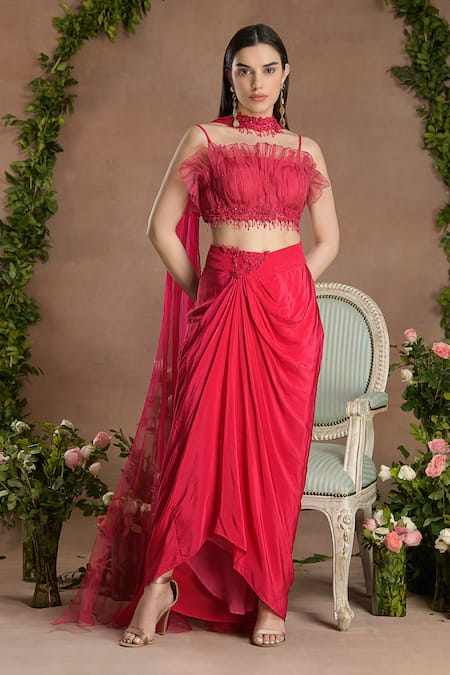 Shop_Divisha Sharma_Pink Bloom Lace Embellished Frilly Gathered Blouse And Draped Dhoti Skirt Set _Online_at_Aza_Fashions