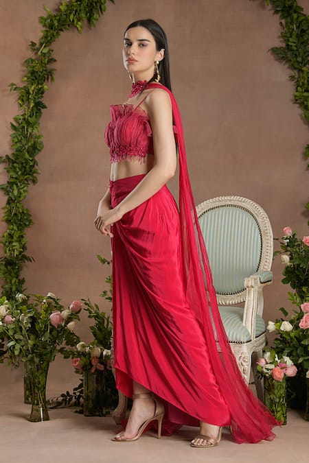 Divisha Sharma_Pink Bloom Lace Embellished Frilly Gathered Blouse And Draped Dhoti Skirt Set _at_Aza_Fashions