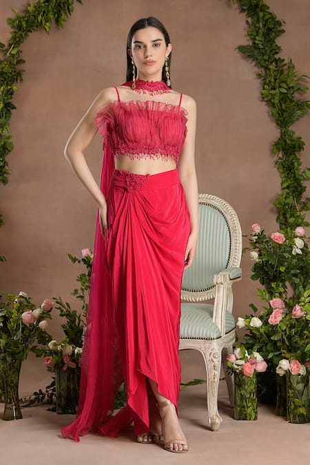 Divisha Sharma Pink Silk Bloom Lace Embellished Frilly Gathered Blouse And Draped Dhoti Skirt Set 