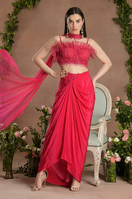 Divisha Sharma Bloom Lace Embellished Frilly Gathered Blouse & Draped Dhoti Skirt Set 