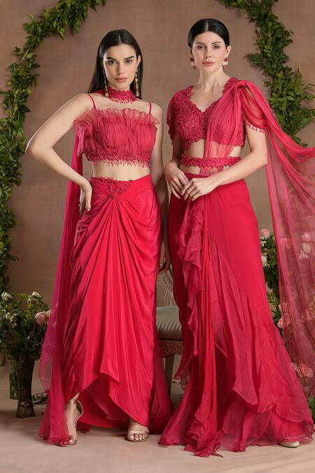 Divisha Sharma_Pink Chiffon, Silk Organza, Tulle Sequins, Solid Pre-draped Ruffle Saree Set _Online_at_Aza_Fashions