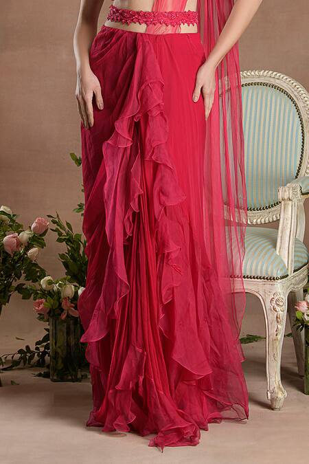 Buy_Divisha Sharma_Pink Chiffon, Silk Organza, Tulle Sequins, Solid Pre-draped Ruffle Saree Set _Online_at_Aza_Fashions