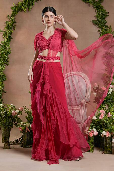 Shop_Divisha Sharma_Pink Chiffon, Silk Organza, Tulle Sequins, Solid Pre-draped Ruffle Saree Set _Online_at_Aza_Fashions