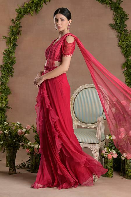Divisha Sharma_Pink Chiffon, Silk Organza, Tulle Sequins, Solid Pre-draped Ruffle Saree Set _at_Aza_Fashions