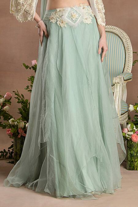 Divisha Sharma_Ivory Silk Organza, Tulle Pearls, 3d Bloom Embroidered Blouse And Lehenga Set _Online_at_Aza_Fashions