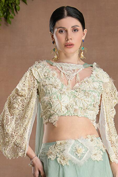 Buy_Divisha Sharma_Ivory Silk Organza, Tulle Pearls, 3d Bloom Embroidered Blouse And Lehenga Set _Online_at_Aza_Fashions