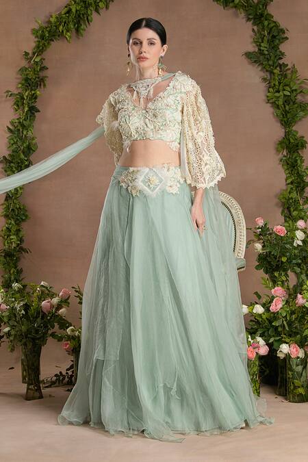 Shop_Divisha Sharma_Ivory Silk Organza, Tulle Pearls, 3d Bloom Embroidered Blouse And Lehenga Set _Online_at_Aza_Fashions
