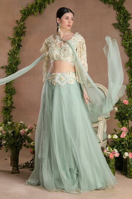 Divisha Sharma_Ivory Silk Organza, Tulle Pearls, 3d Bloom Embroidered Blouse And Lehenga Set _at_Aza_Fashions