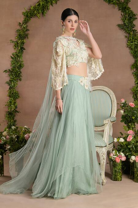 Buy_Divisha Sharma_Ivory Silk Organza, Tulle Pearls, 3d Bloom Embroidered Blouse And Lehenga Set 