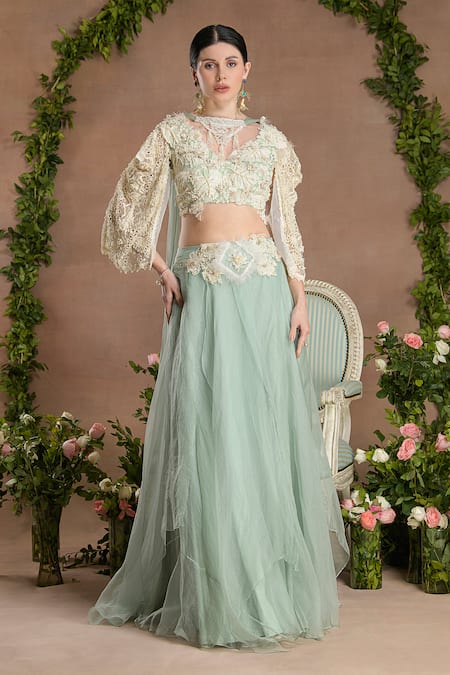 Divisha Sharma 3D Bloom Pearl Embroidered Blouse & Lehenga Set 