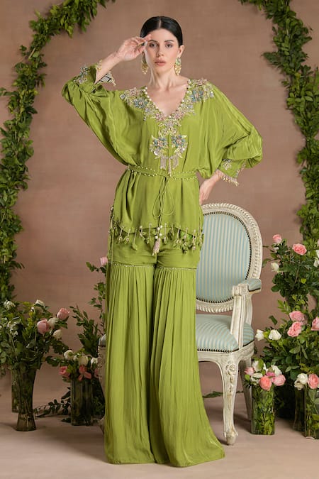 Buy_Divisha Sharma_Green Crepe, Chiffon Pearls, Sequins, Ambrosia Embroidered Kurta And Sharara Set _Online_at_Aza_Fashions