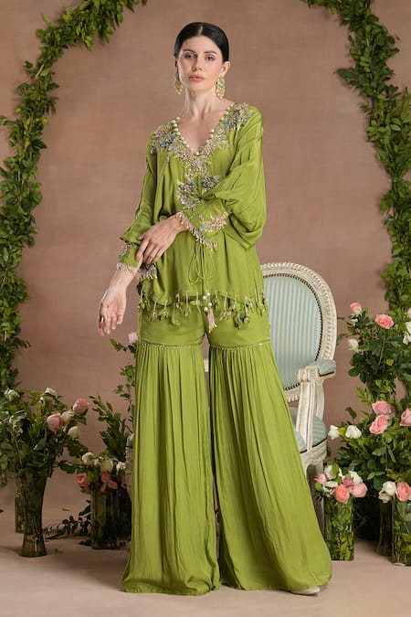 Shop_Divisha Sharma_Green Crepe, Chiffon Pearls, Sequins, Ambrosia Embroidered Kurta And Sharara Set _Online_at_Aza_Fashions