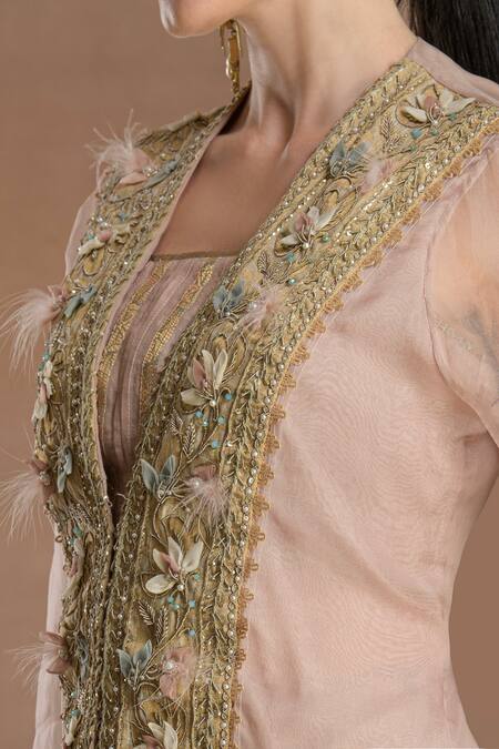 Buy_Divisha Sharma_Pink Chanderi, Silk Organza 3d Fleur Embroidered Front Slit Kurta And Pant Set _Online_at_Aza_Fashions