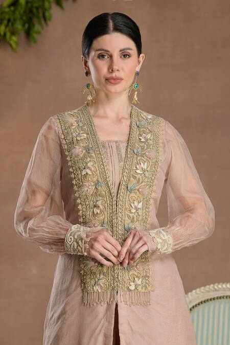 Shop_Divisha Sharma_Pink Chanderi, Silk Organza 3d Fleur Embroidered Front Slit Kurta And Pant Set _Online_at_Aza_Fashions